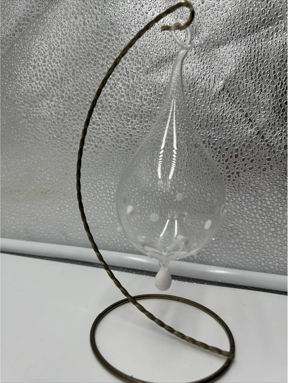 4 vintage Hand Blown, teardrop,  Christmas ornaments,Clear glass With White Dots